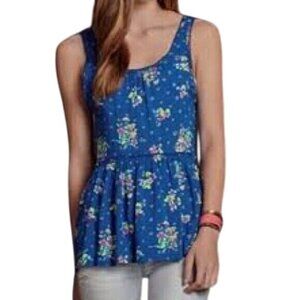 NWT Hollister by Abercrombie Blue Floral Plunging Strappy Back Ruffle Hem Top